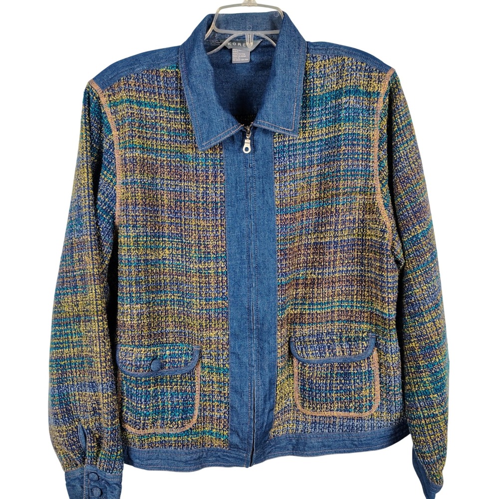 Koret Womens XL Zip Front Denim Trim Tweed Jacket Multicolor Artsy Grannycore